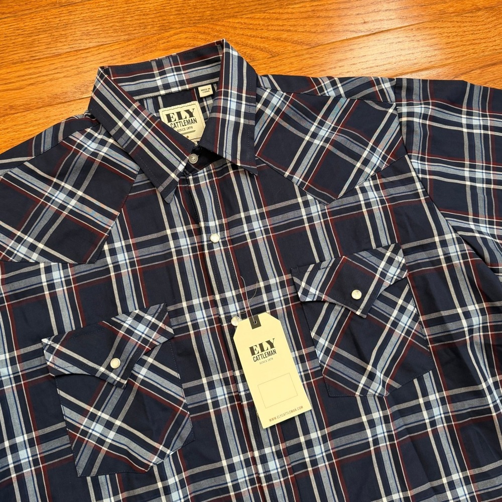 New Ely Cattleman Western Pearl Snap Shirt Mens Large Navy Blue Plaid Cowboy